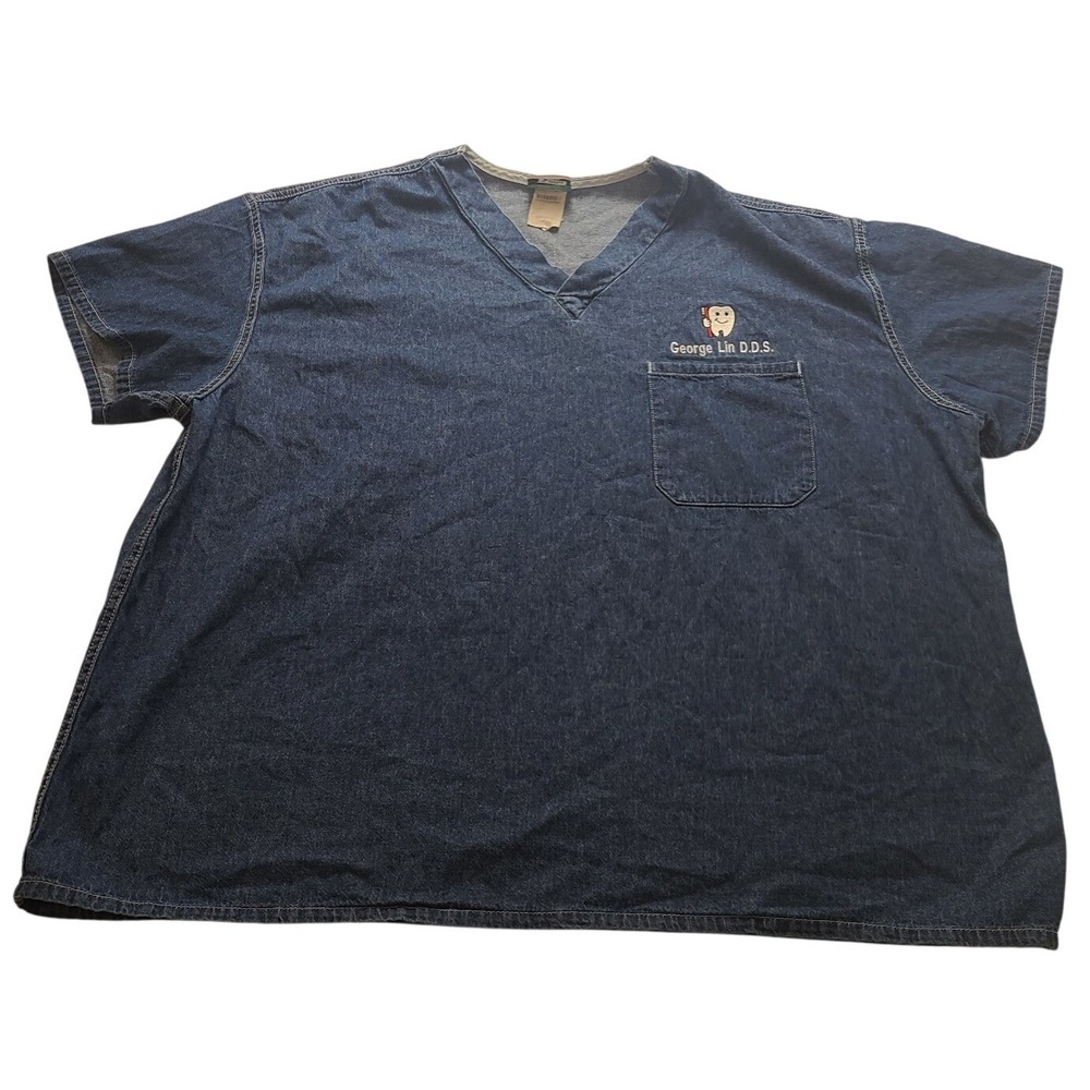 WS Gear Denim Scrub Top XL Blue V-Neck Short Sleeve‎ George Lin DDS Dental Tooth